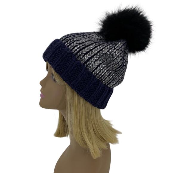 Navy Blue & Silver Wool Blend Beanie Hat Genuine Raccoon Fur Pom-Pom by AQUA - Picture 3 of 13
